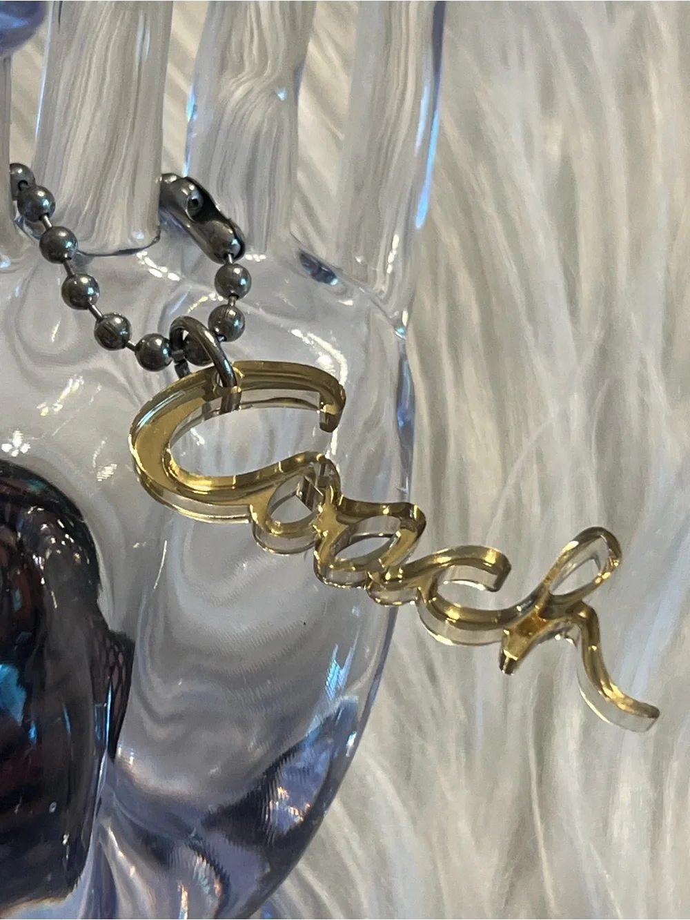 Coach poppy Y2K clear Metallic Gold Script Keychain or bag tag